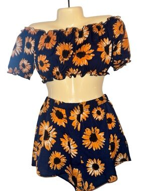 SHEIN Navy Floral Sunflower Print Two-Piece Set